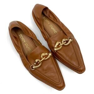 Tory Burch Jessa Loafers Brown Leather Pointed Toe Flats‎ Horsebit Sz 6.5